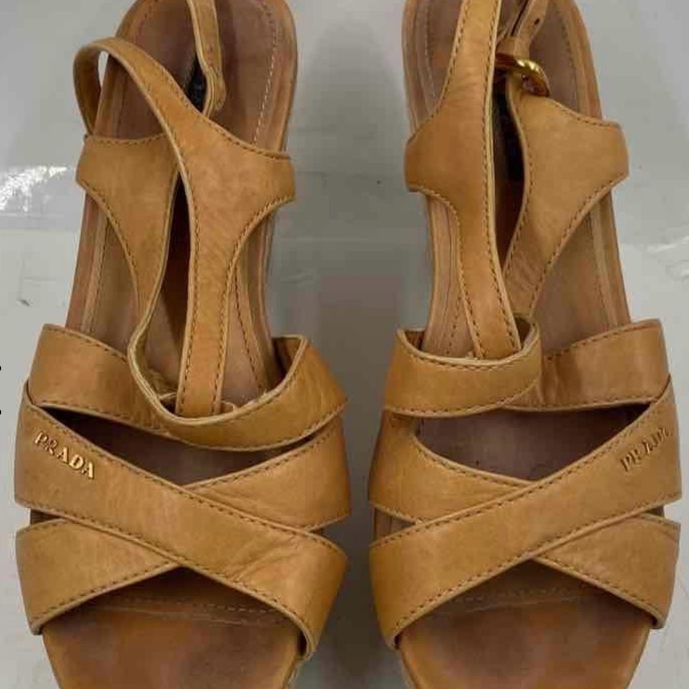 Prada Tan Leather Sandals with Strappy Design